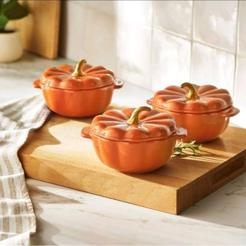 Pioneer Woman Mini Pumpkin Cocottes 3Pc Set Ceramic Casserole Dish Orange 13.5oz